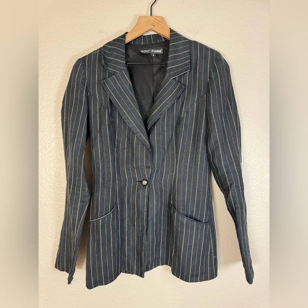 Vintage 90’s Betsey Johnson Black Linen Striped Blazer Jacket size Small